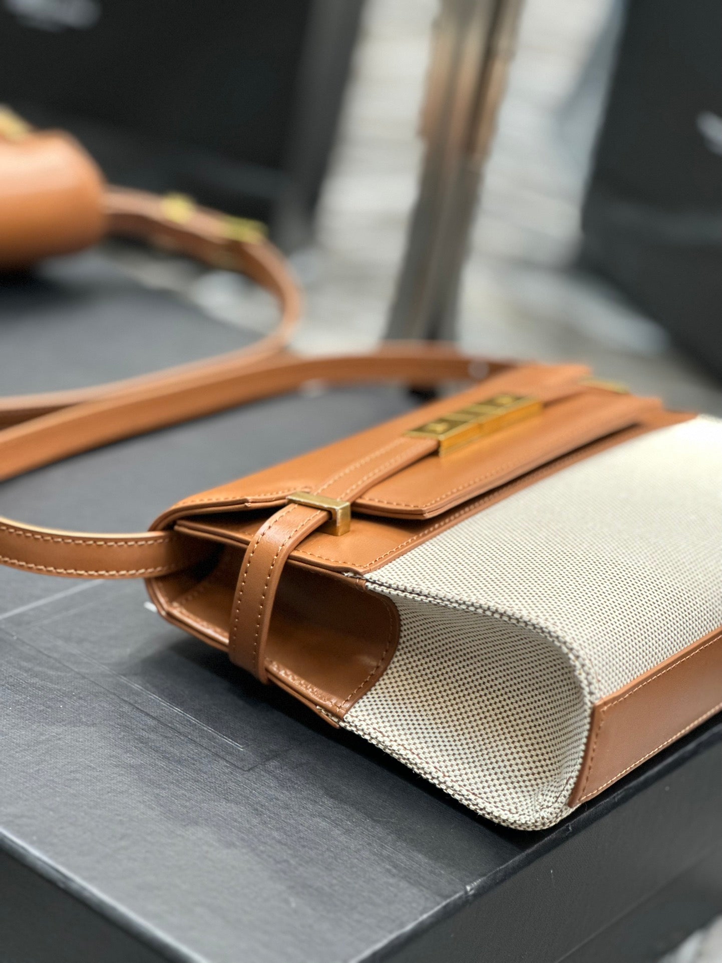 Saint Laurent Manhattan Small Shoulder Bag in Two-Tone Brown and Cream Leather