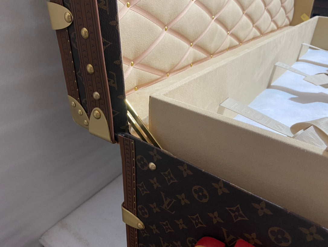 Vintage Luxury Monogram Travel Trunk with Wood Slats and Gold Hardware