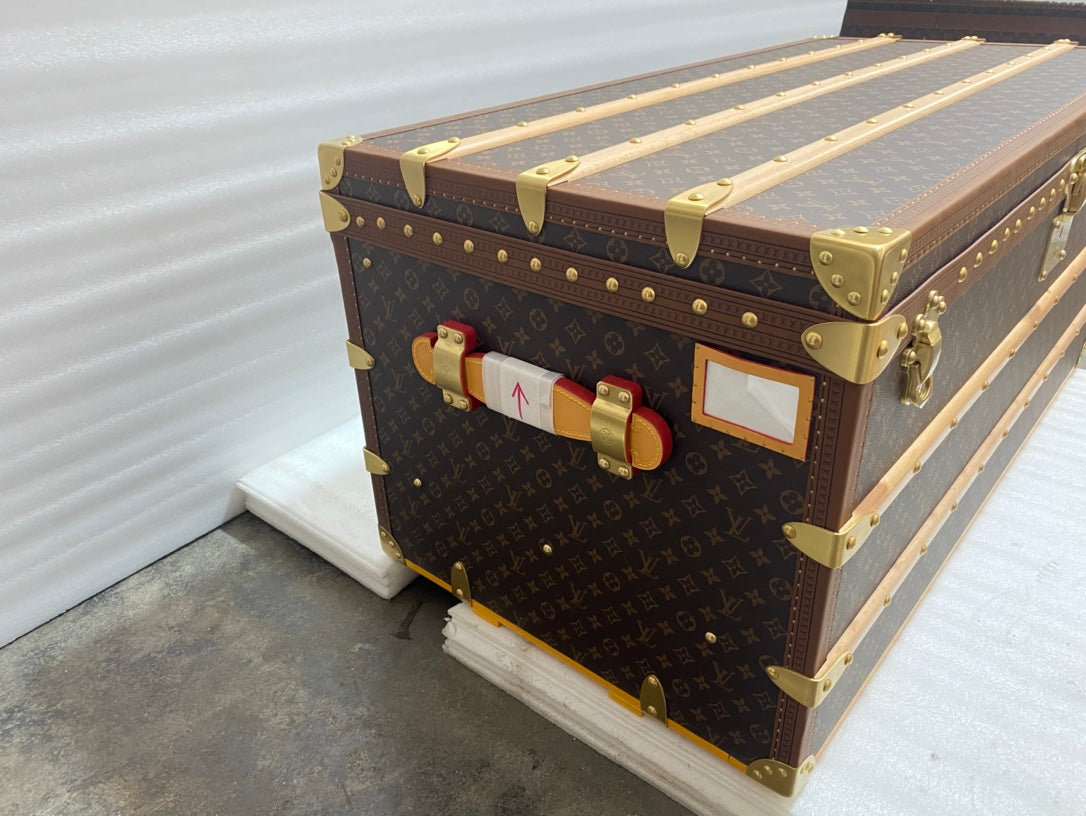 Vintage Luxury Monogram Travel Trunk with Wood Slats and Gold Hardware