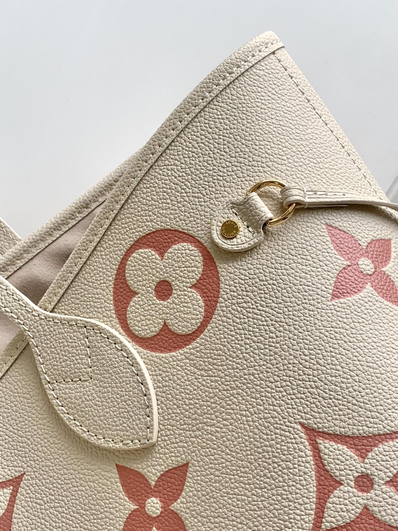 Louis Vuitton Classic Beige Leather Tote Bag with Pink Monogram Pattern