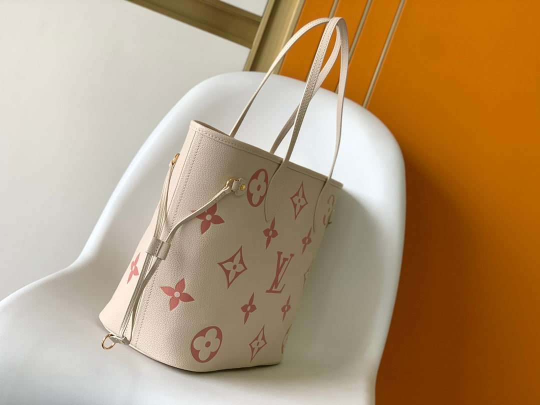 Louis Vuitton Classic Beige Leather Tote Bag with Pink Monogram Pattern