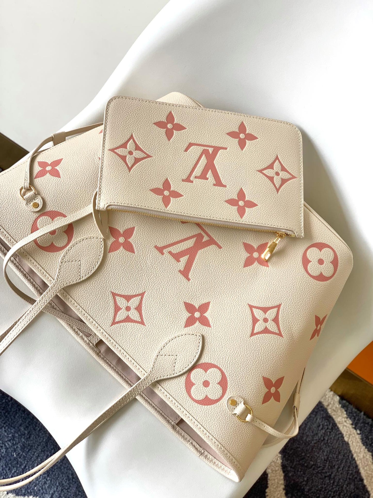 Louis Vuitton Classic Beige Leather Tote Bag with Pink Monogram Pattern