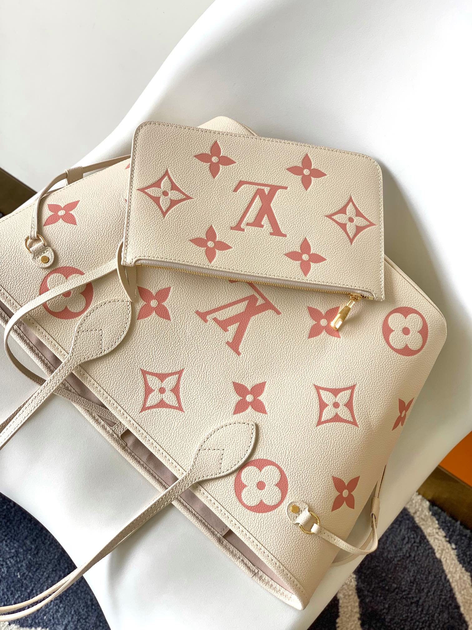 Louis Vuitton Classic Beige Leather Tote Bag with Pink Monogram Pattern