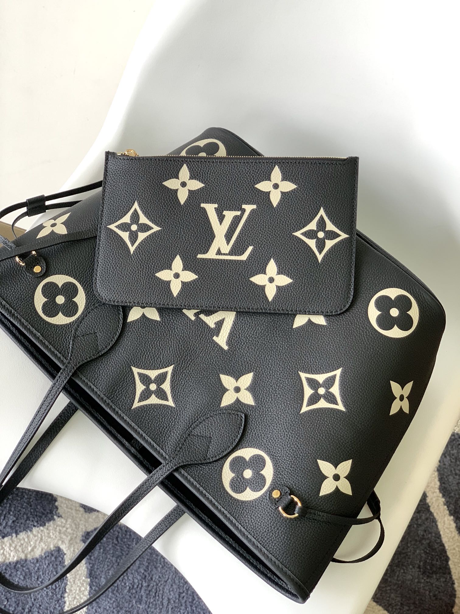 Louis Vuitton Neverfull MM Monogram Empreinte Leather Tote Bag - Black/Beige