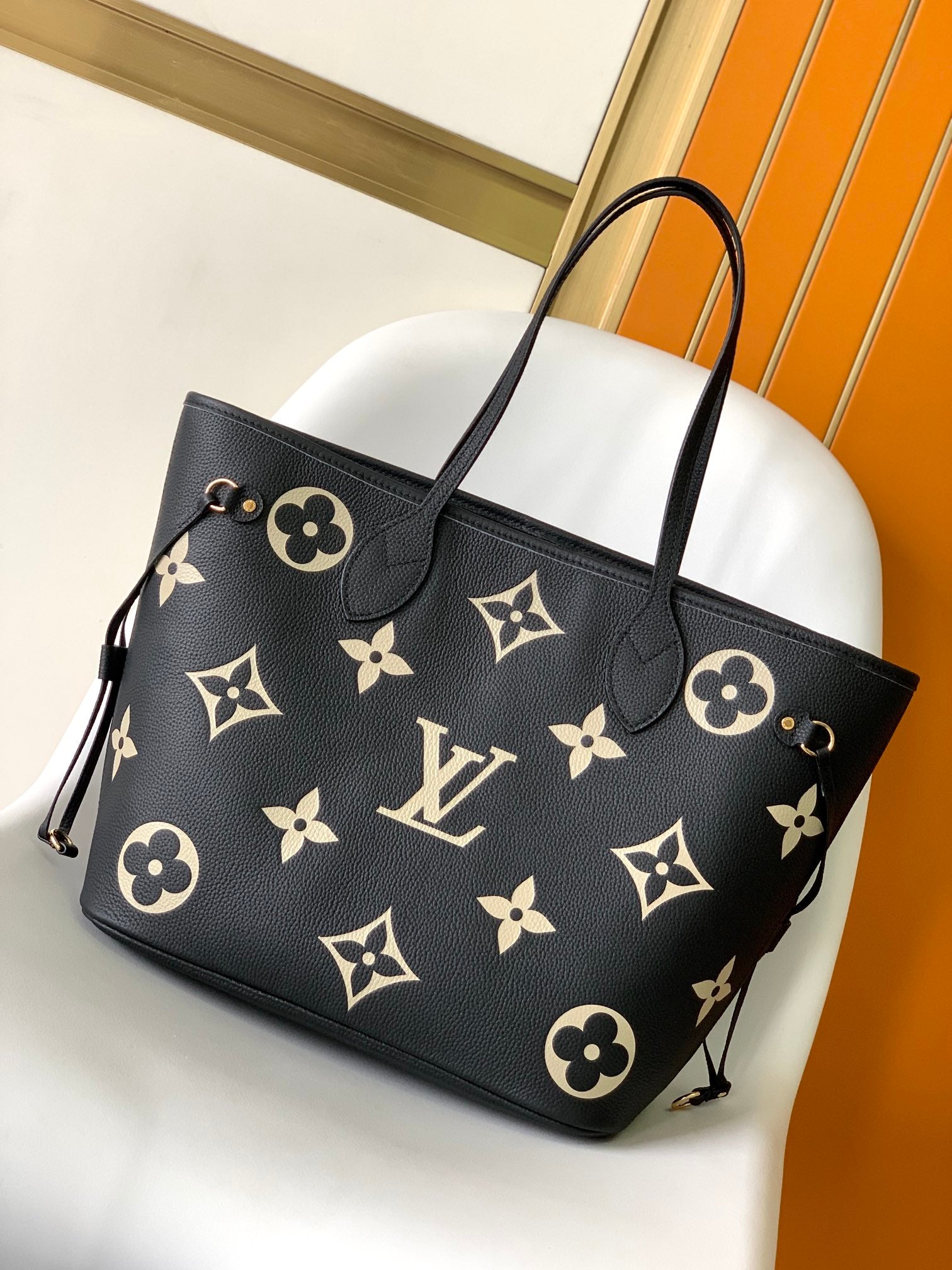 Louis Vuitton Neverfull MM Monogram Empreinte Leather Tote Bag - Black/Beige