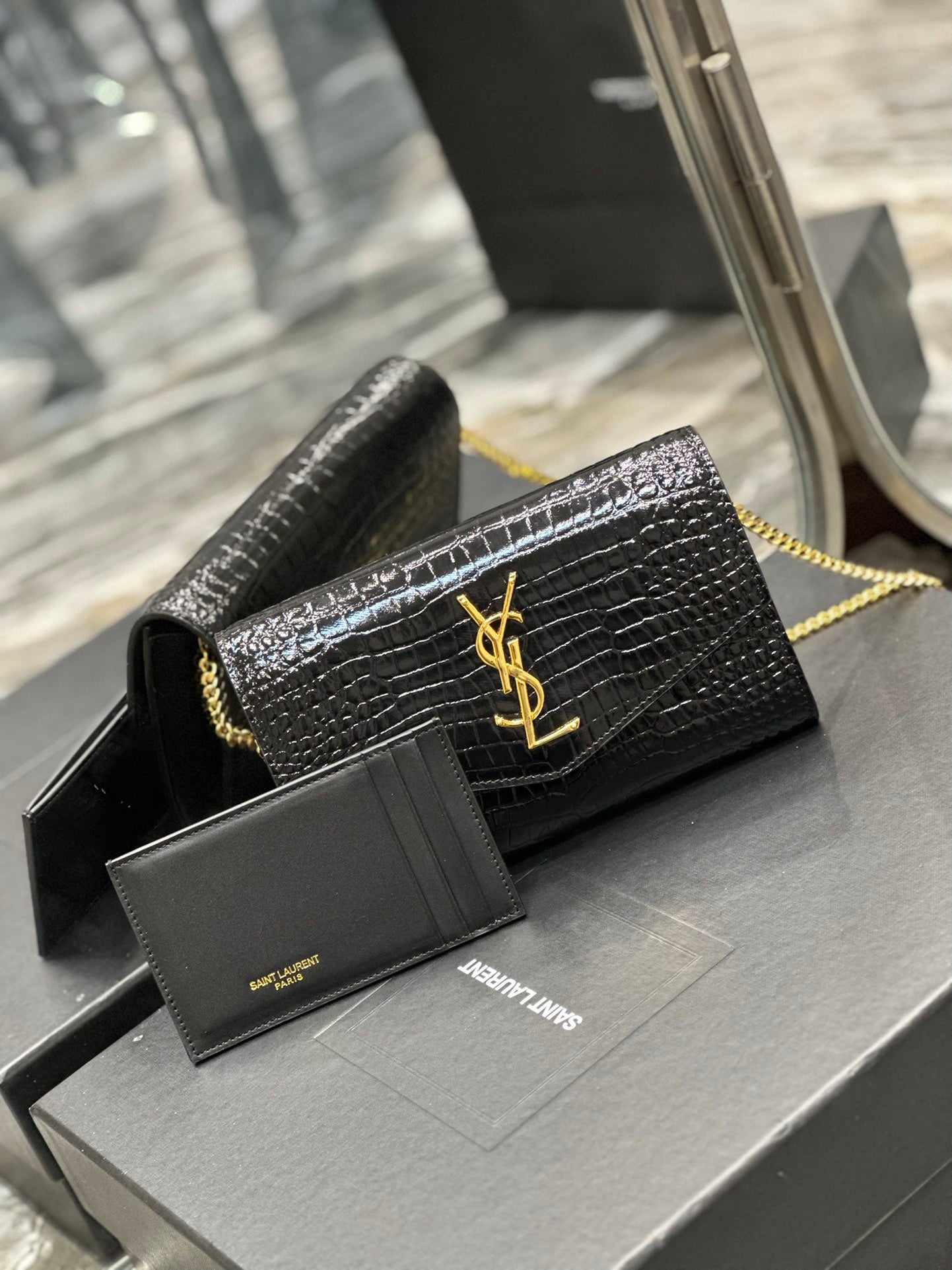 Saint Laurent YSL Black Crocodile-Embossed Leather Wallet on Chain with Cardholder