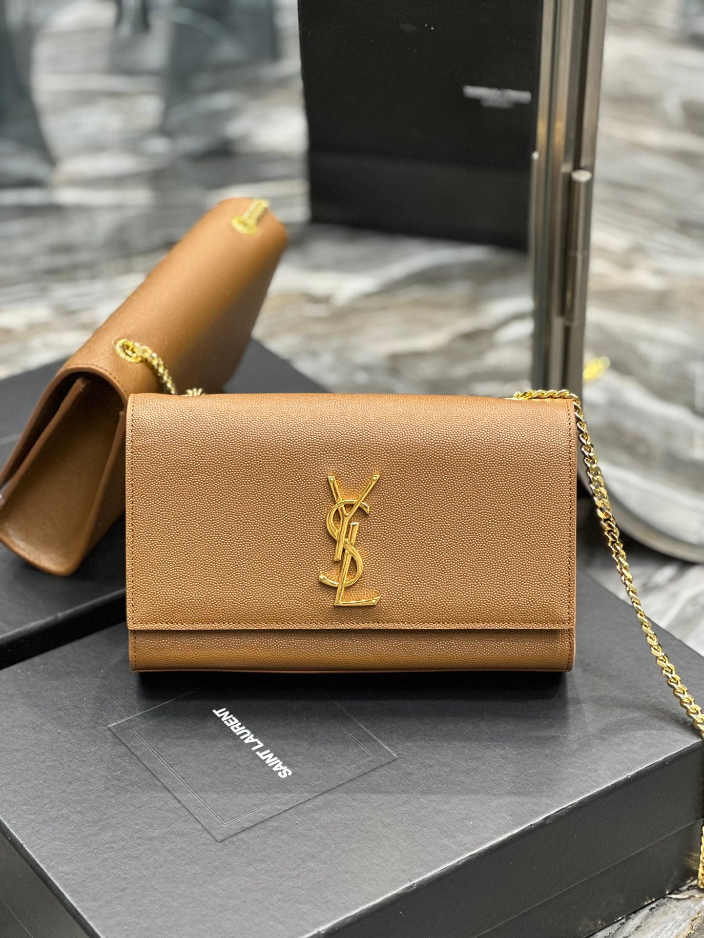 Saint Laurent Monogram Kate Chain Wallet in Tan Grain de Poudre Leather