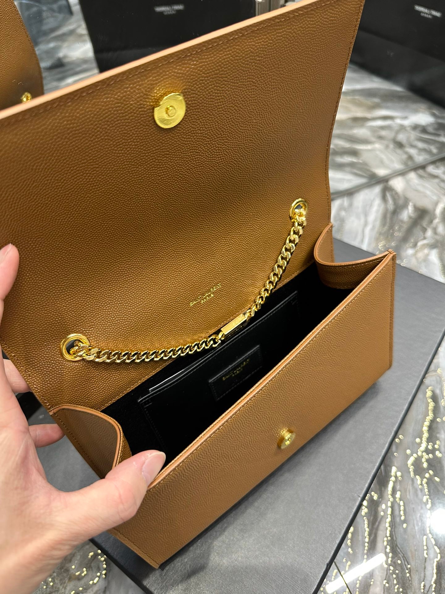 Saint Laurent Monogram Kate Chain Wallet in Tan Grain de Poudre Leather