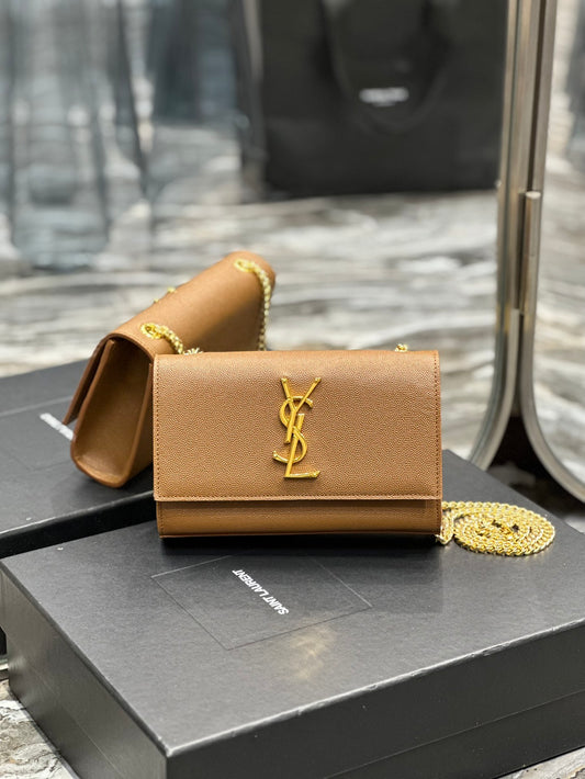 Saint Laurent Cassandra Mini Grained Leather Shoulder Bag in Tan