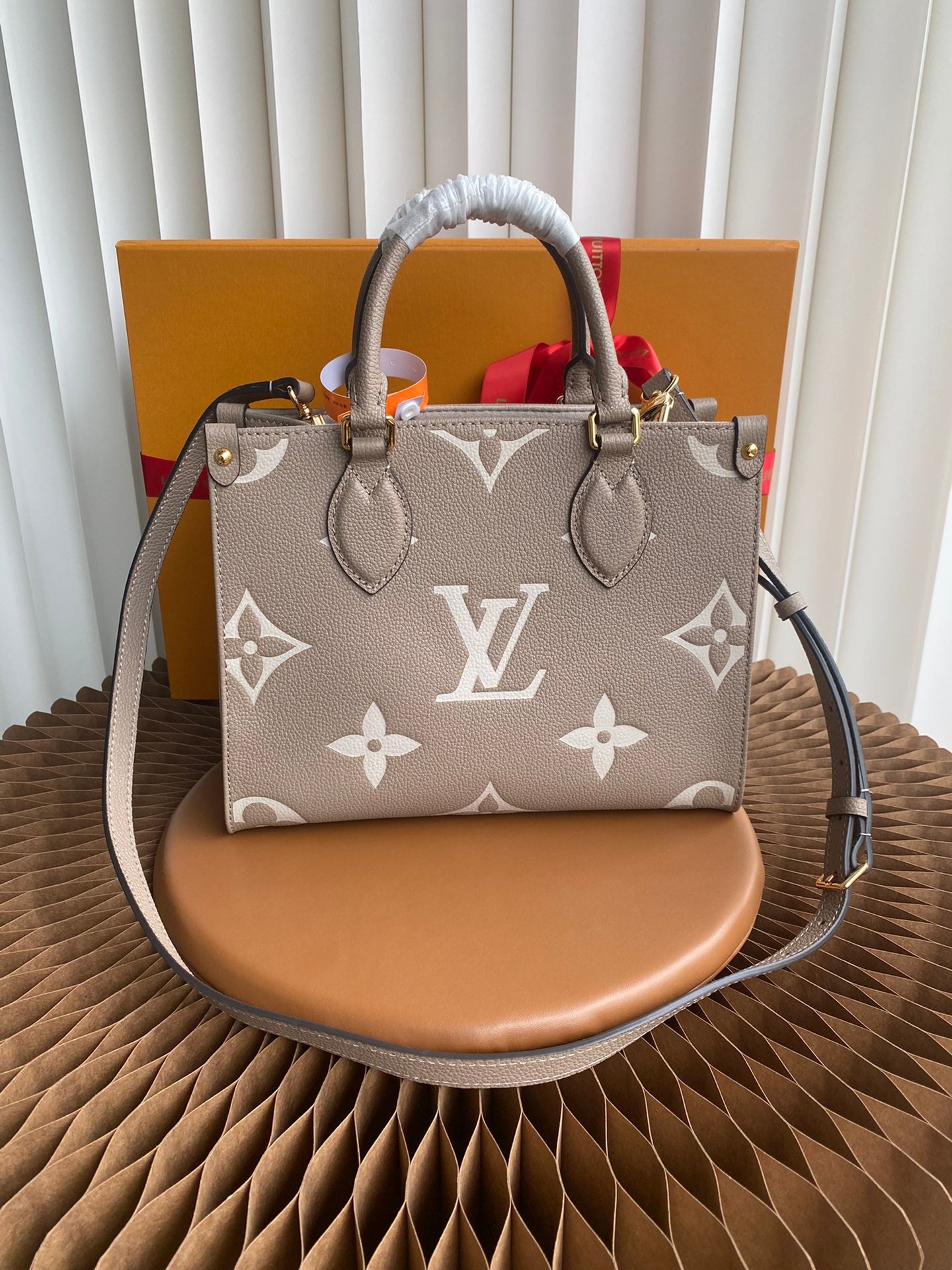 Louis Vuitton Taupe Textured Leather Monogram Tote Bag with Top Handles