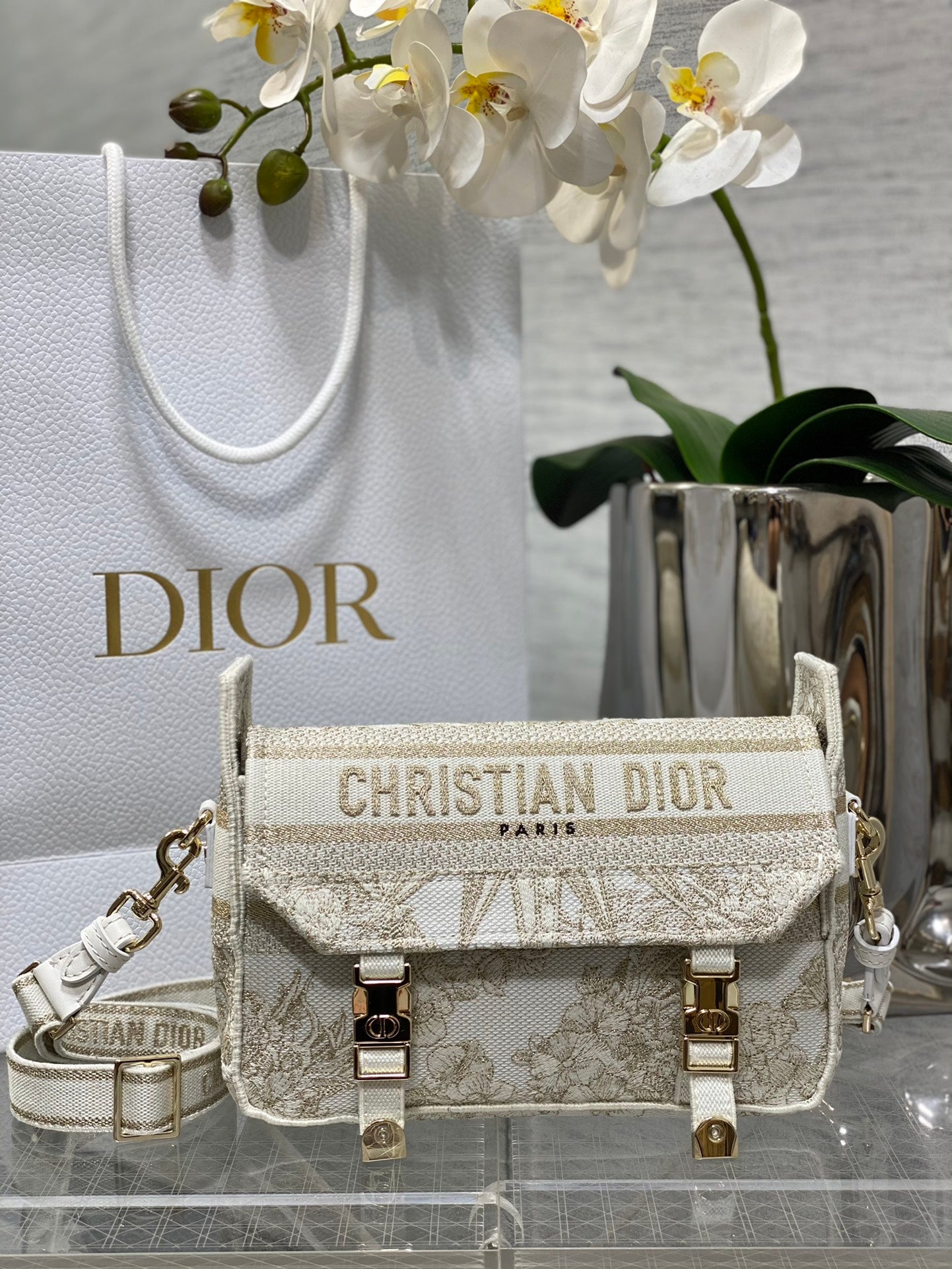 Dior Vintage White Embroidered Canvas Flap Crossbody Messenger Bag