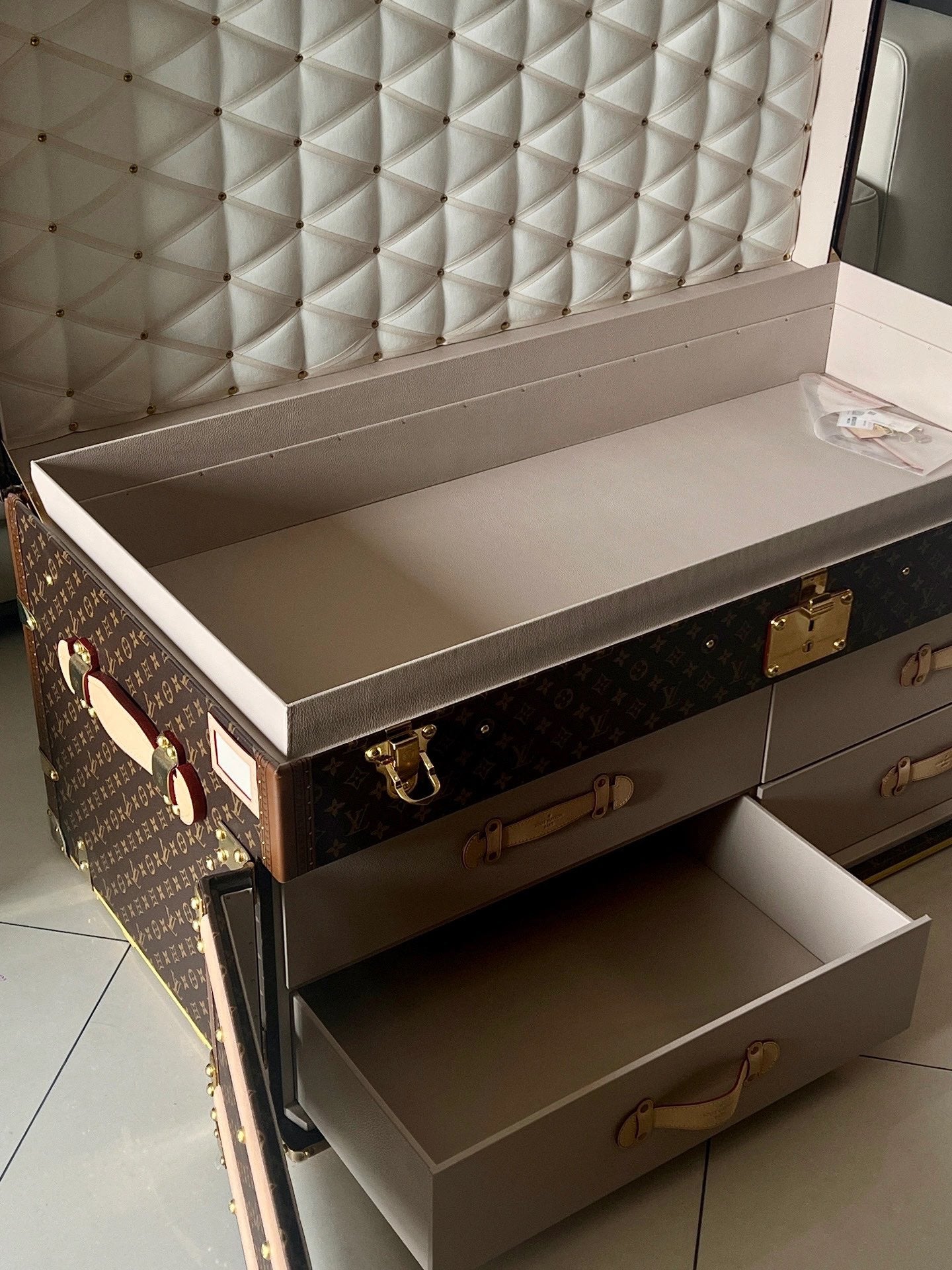 Vintage Trunk Coffee Table with Monogram Pattern and Glass Top