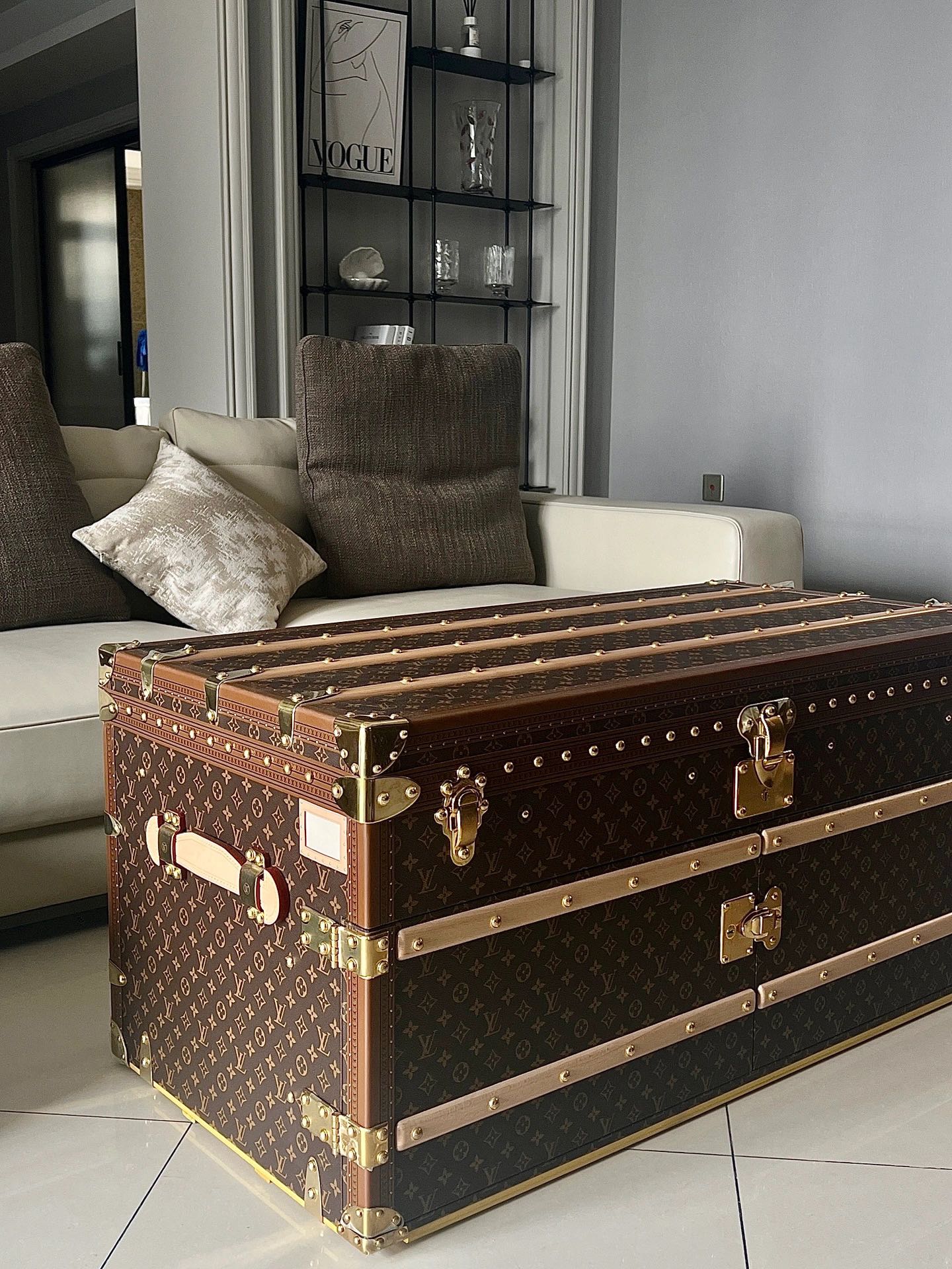 Vintage Trunk Coffee Table with Monogram Pattern and Glass Top