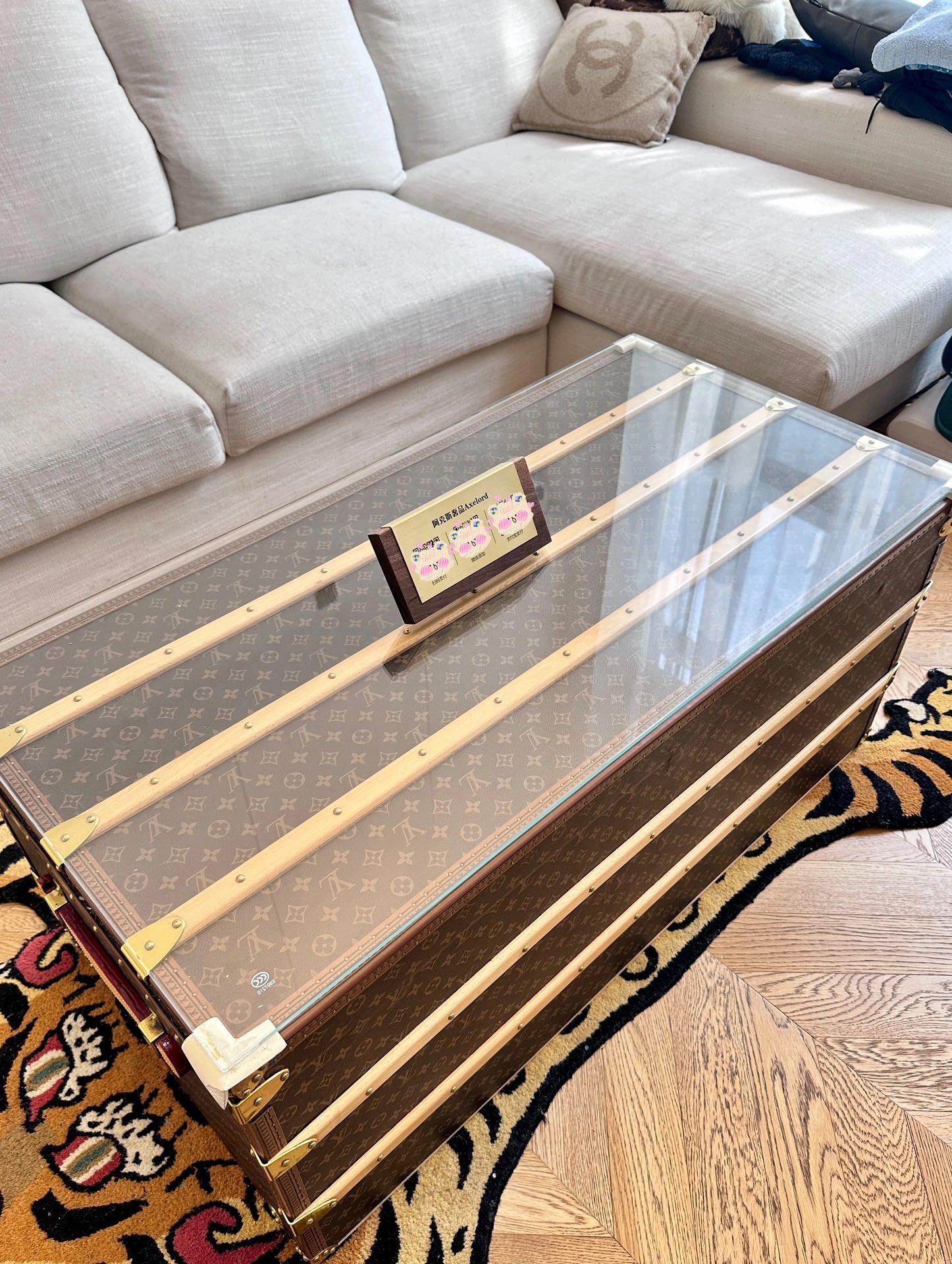 Vintage Trunk Coffee Table with Monogram Pattern and Glass Top