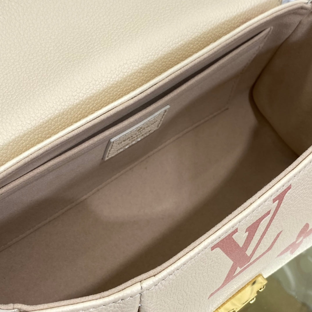 Louis Vuitton Elegant Beige Embossed Leather Shoulder Bag with Gold Chain