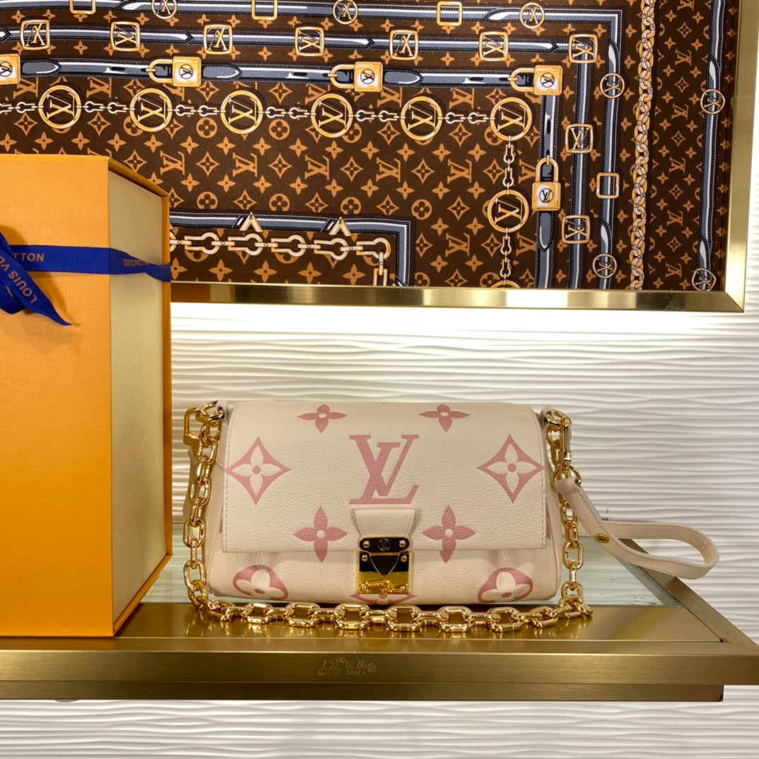 Louis Vuitton Elegant Beige Embossed Leather Shoulder Bag with Gold Chain