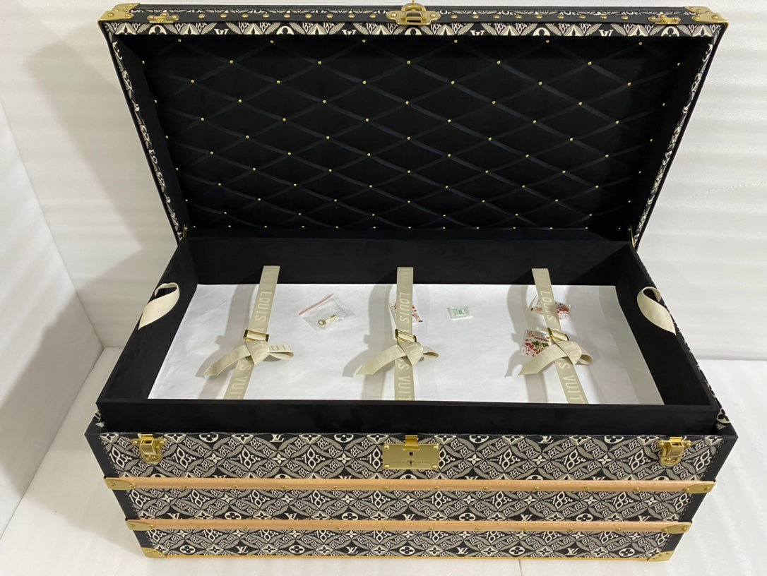 Vintage Monogram Pattern Wooden Storage Trunk with Brass Hardware