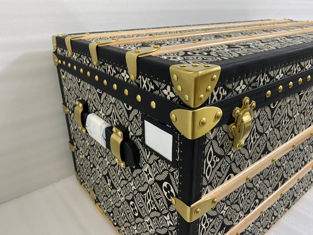 Vintage Monogram Pattern Wooden Storage Trunk with Brass Hardware