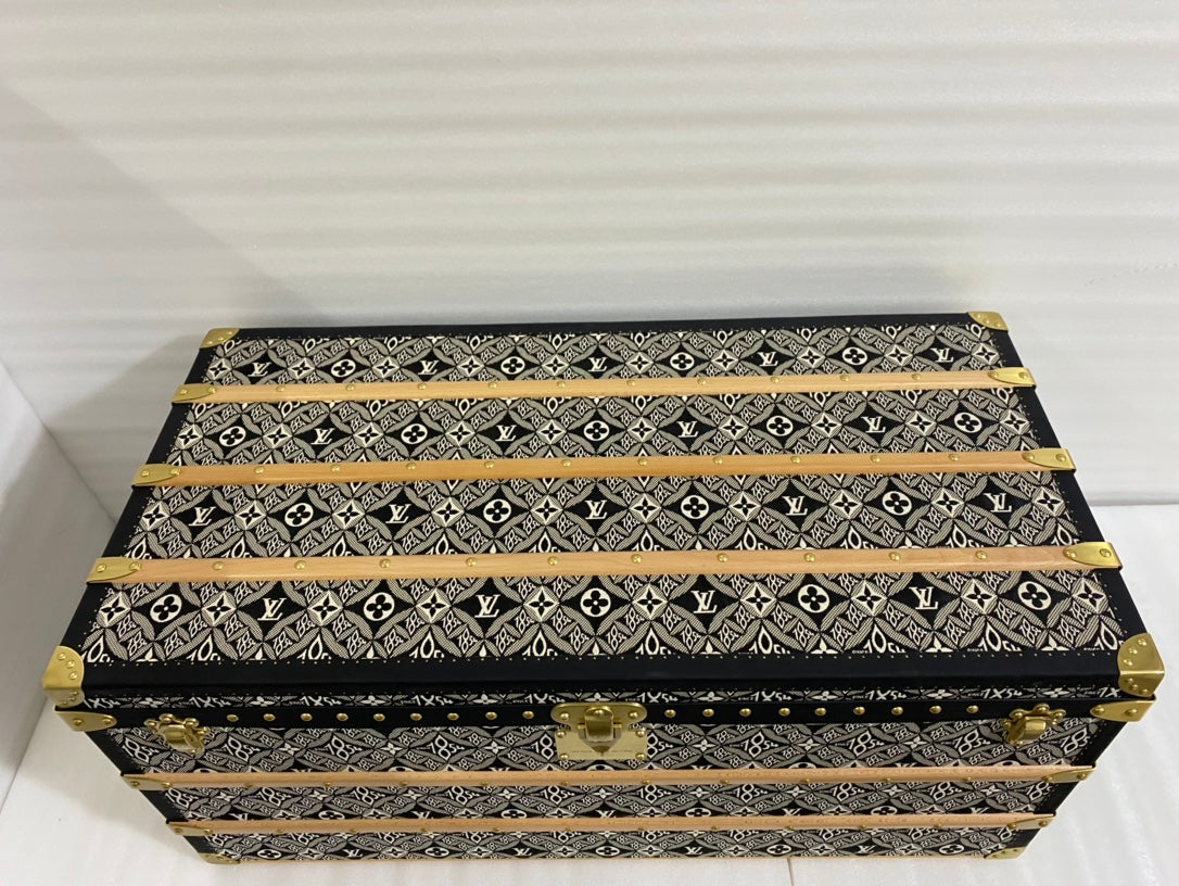 Vintage Monogram Pattern Wooden Storage Trunk with Brass Hardware