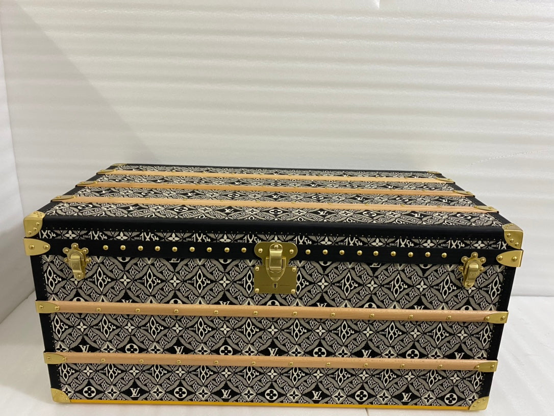 Vintage Monogram Pattern Wooden Storage Trunk with Brass Hardware
