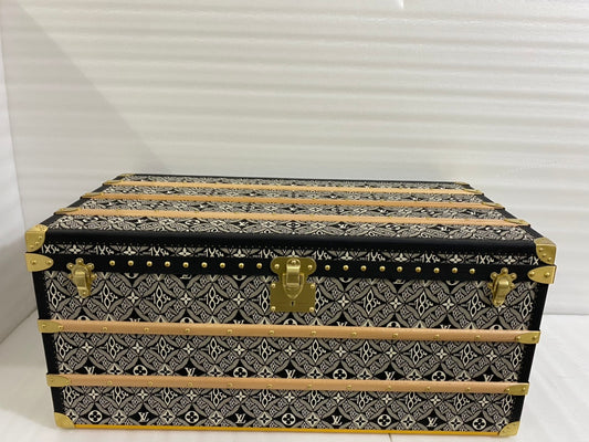 Vintage Monogram Pattern Wooden Storage Trunk with Brass Hardware