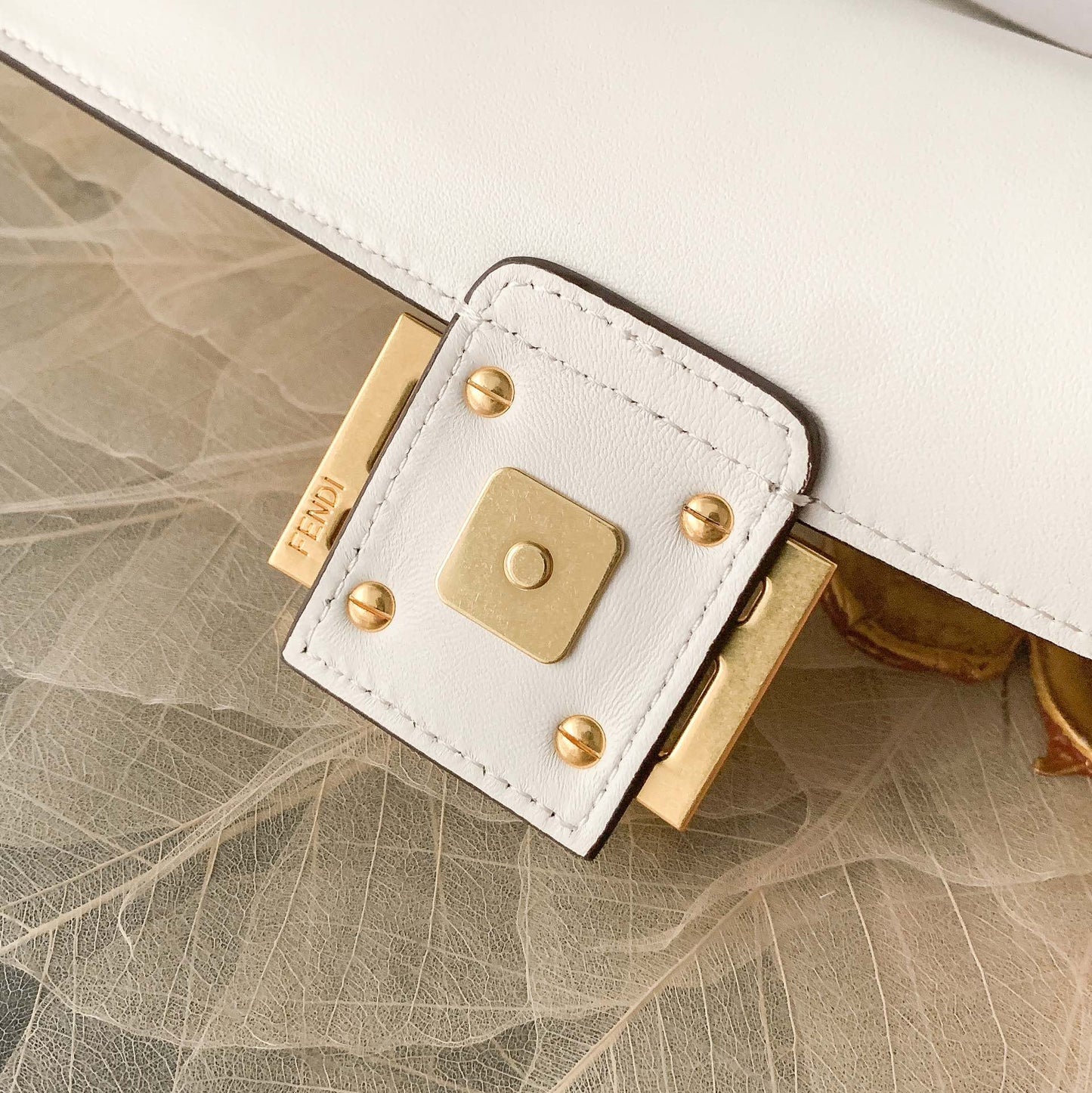 Fendi Baguette White Embossed FF Leather Shoulder Bag with Gold Hardware