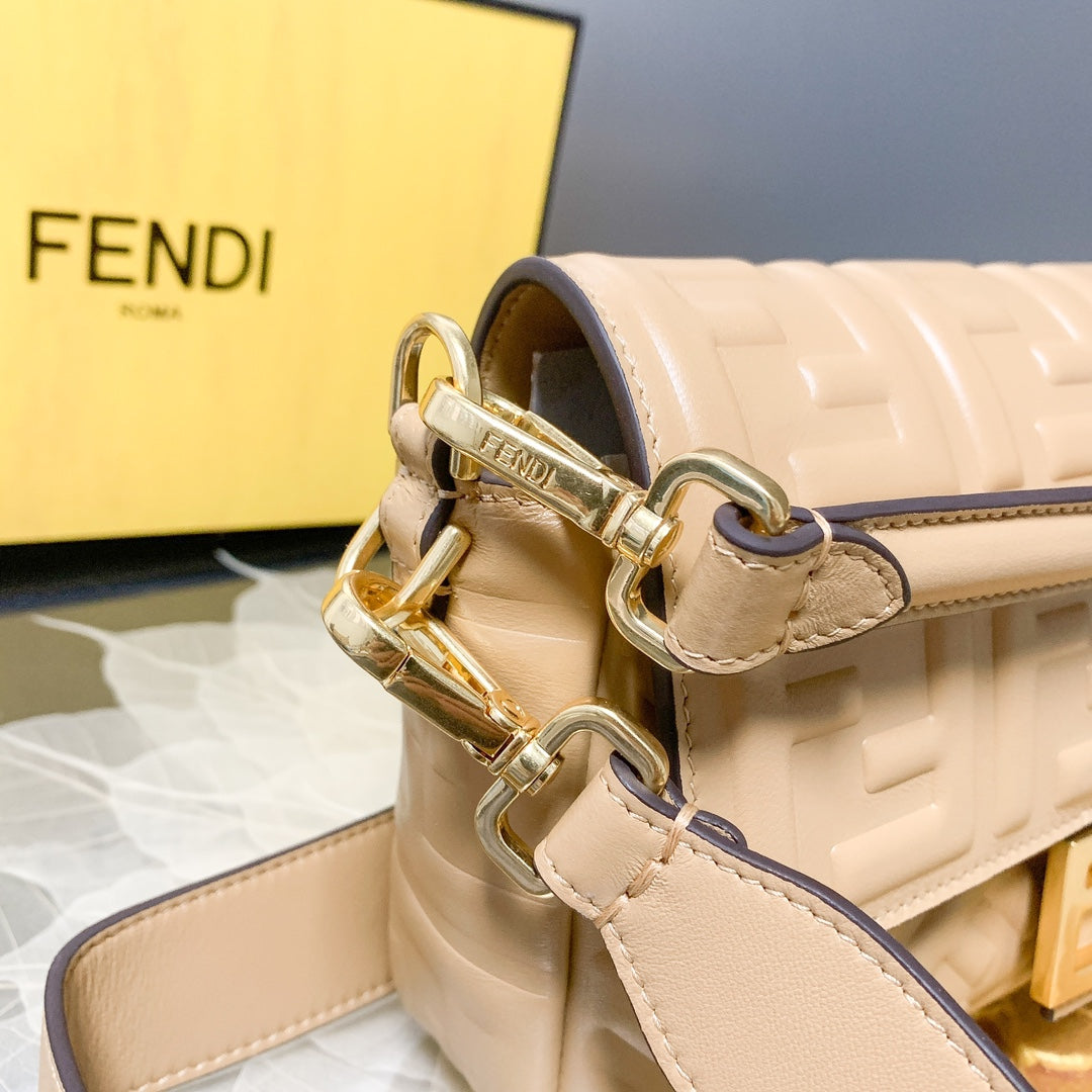 Fendi Baguette Embossed Beige Leather Shoulder Bag with Wide Strap