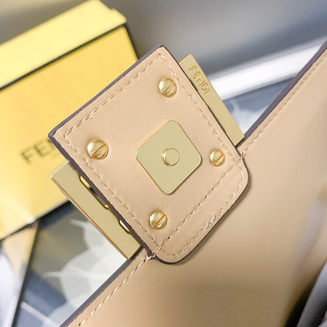 Fendi Baguette Embossed Beige Leather Shoulder Bag with Wide Strap