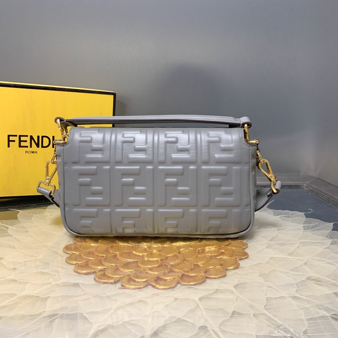 Fendi Baguette Medium Light Blue FF Embossed Leather Shoulder Bag