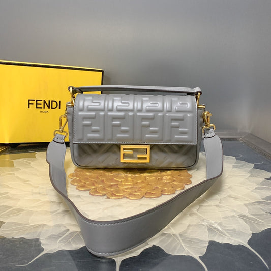 Fendi Baguette Medium Light Blue FF Embossed Leather Shoulder Bag