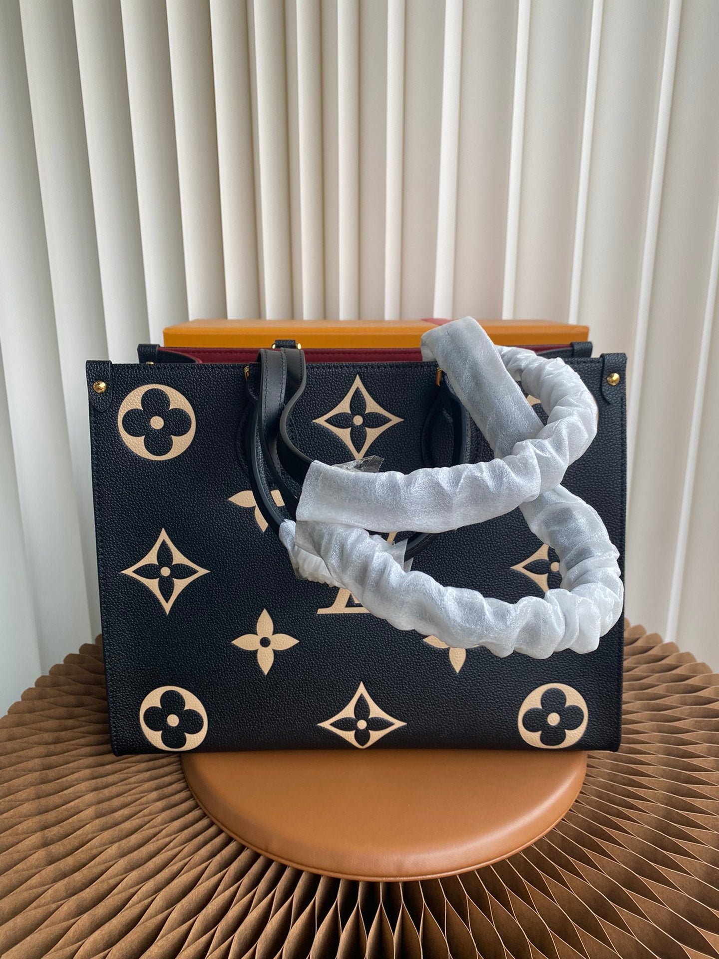 Louis Vuitton Luxury Black Leather Tote Bag with Gold Monogram Pattern