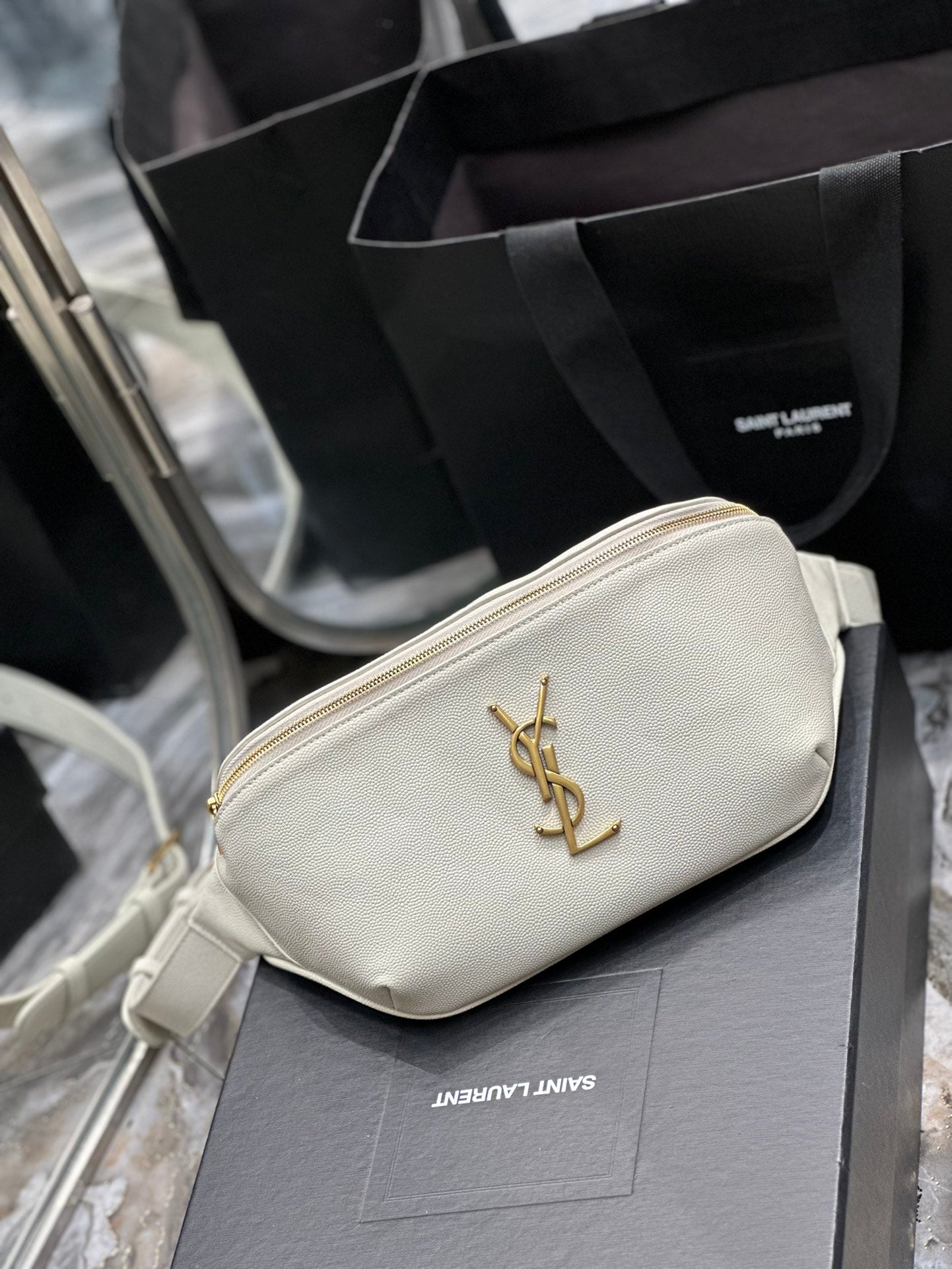 Saint Laurent Cassandre Leather Belt Bag - White with Gold-Tone Hardware