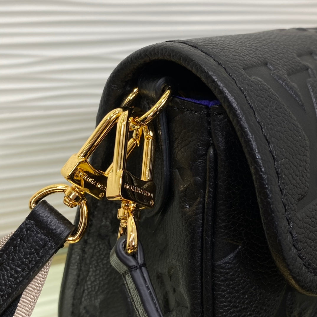 Louis Vuitton Classic Black Textured Leather Shoulder Bag with Gold Buckle
