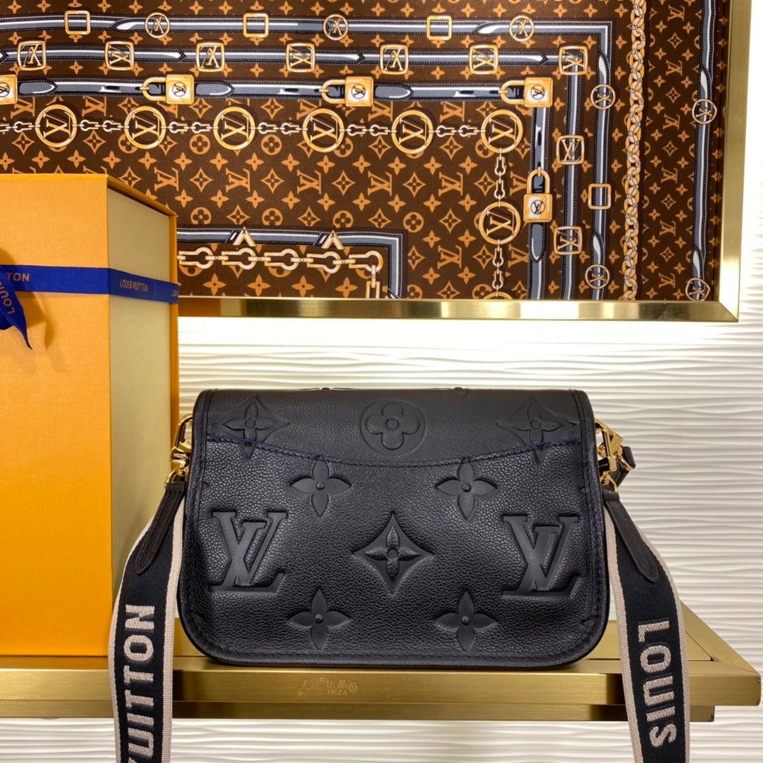 Louis Vuitton Classic Black Textured Leather Shoulder Bag with Gold Buckle