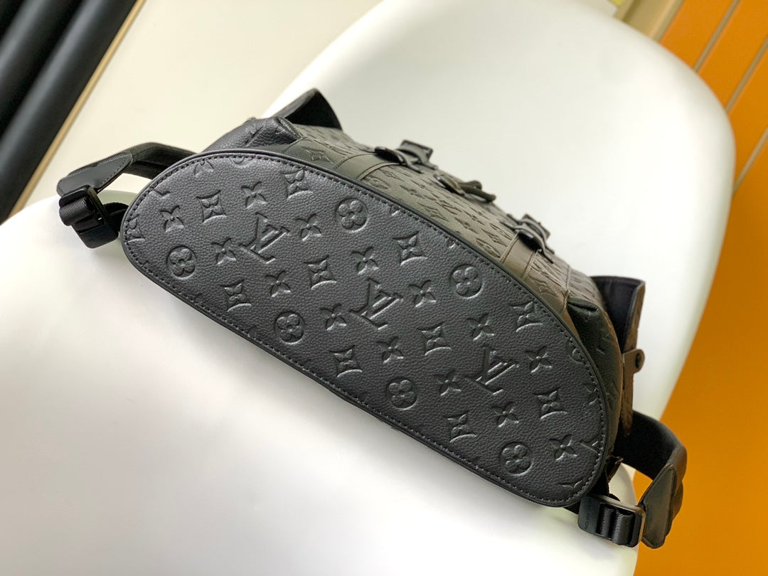 Louis Vuitton Luxury Black Embossed Leather Backpack with Side Pockets