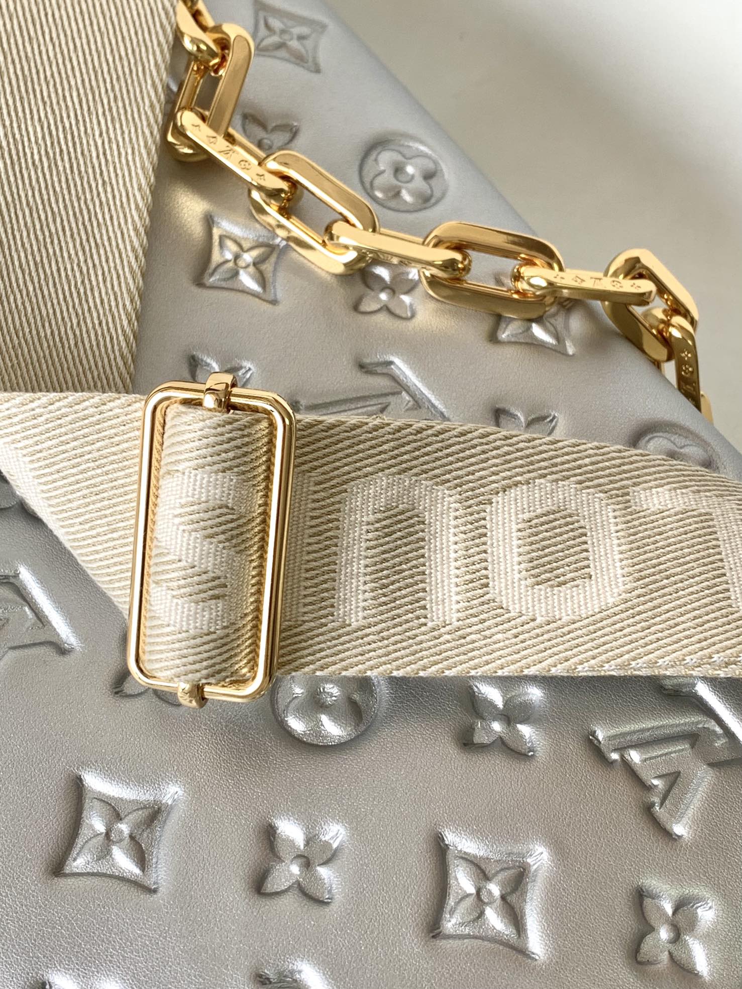 Louis Vuitton Metallic Silver Embossed Shoulder Bag with Chunky Chain Strap