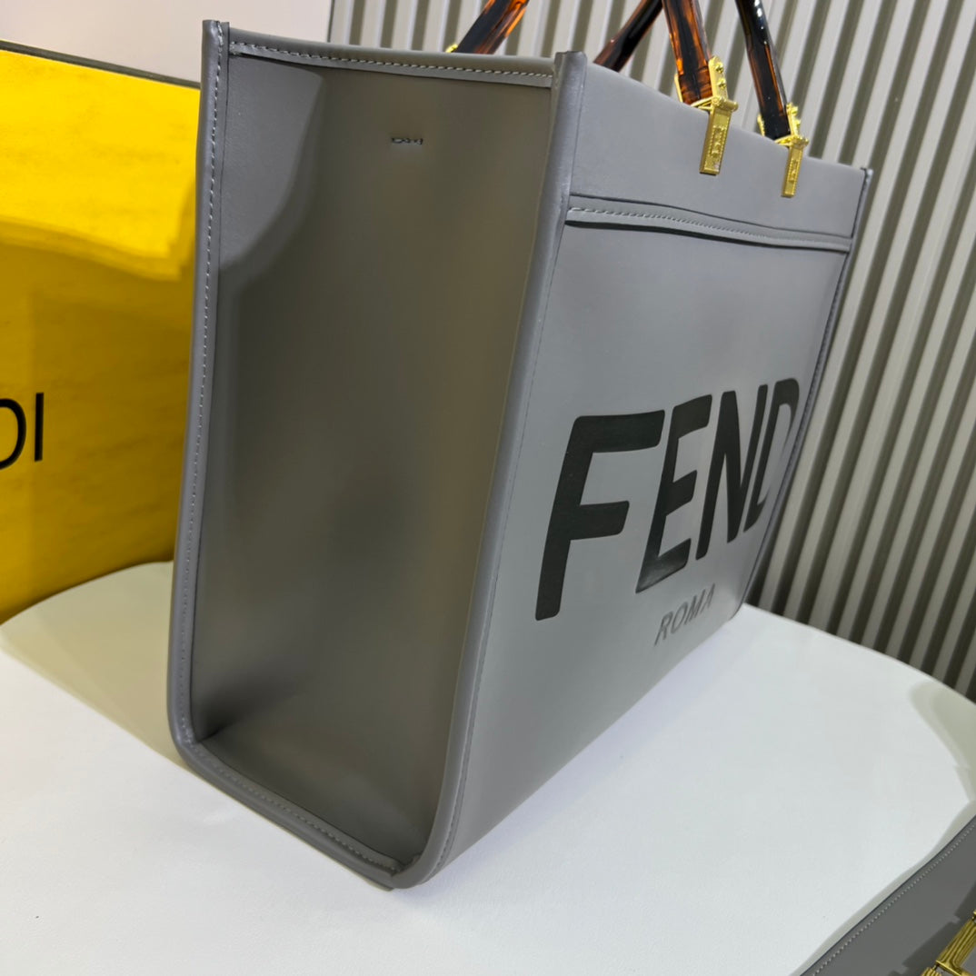 Fendi Sunshine Shopper Large Grey Leather Tote Bag with Tortoiseshell Handles