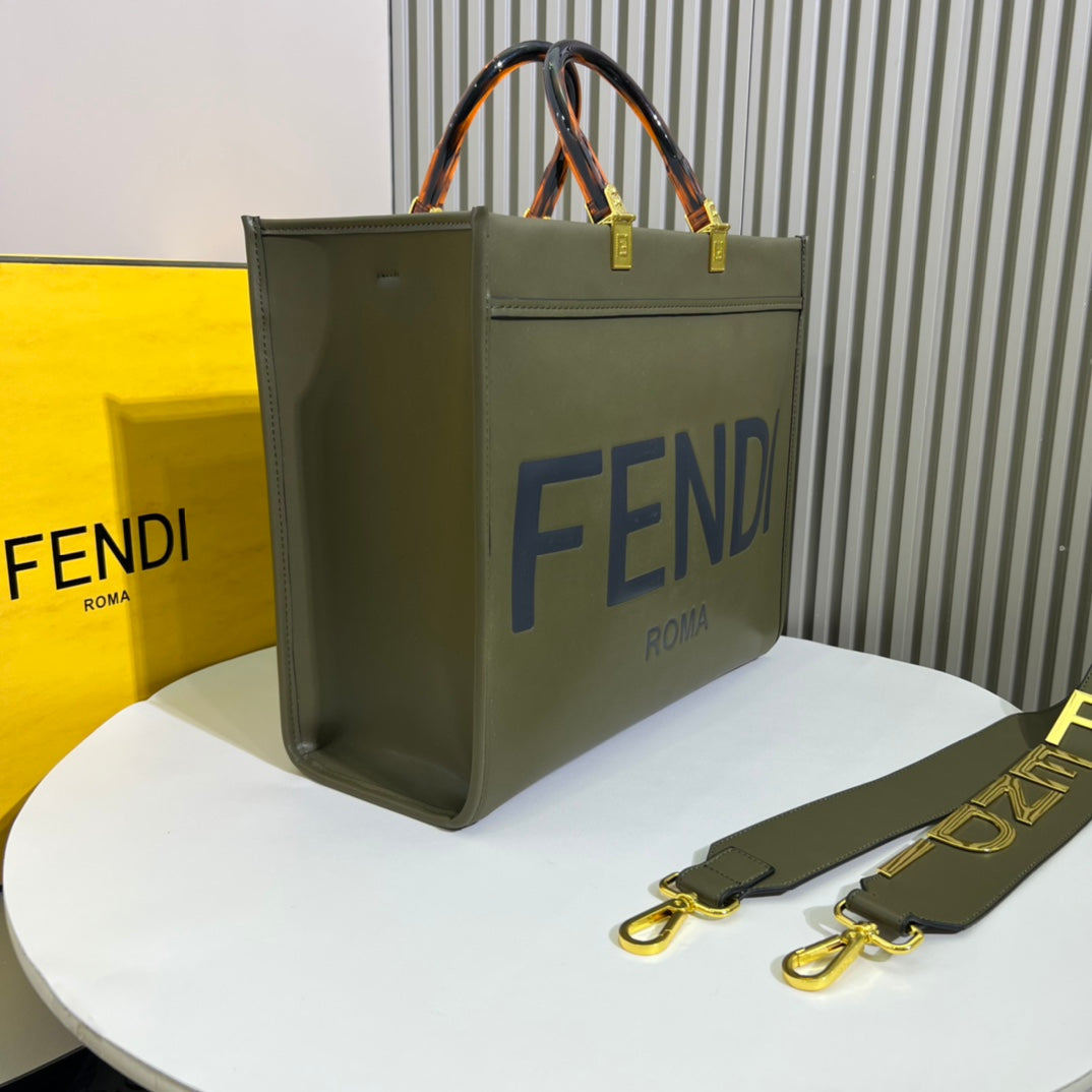 Fendi Sunshine Medium Shopper Bag - Olive Green Leather Tote with Fendi Roma Logo