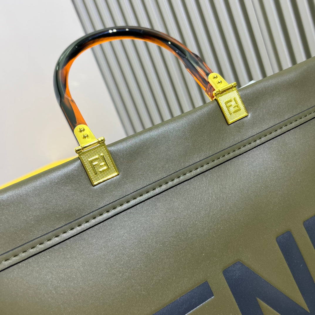 Fendi Sunshine Medium Shopper Bag - Olive Green Leather Tote with Fendi Roma Logo