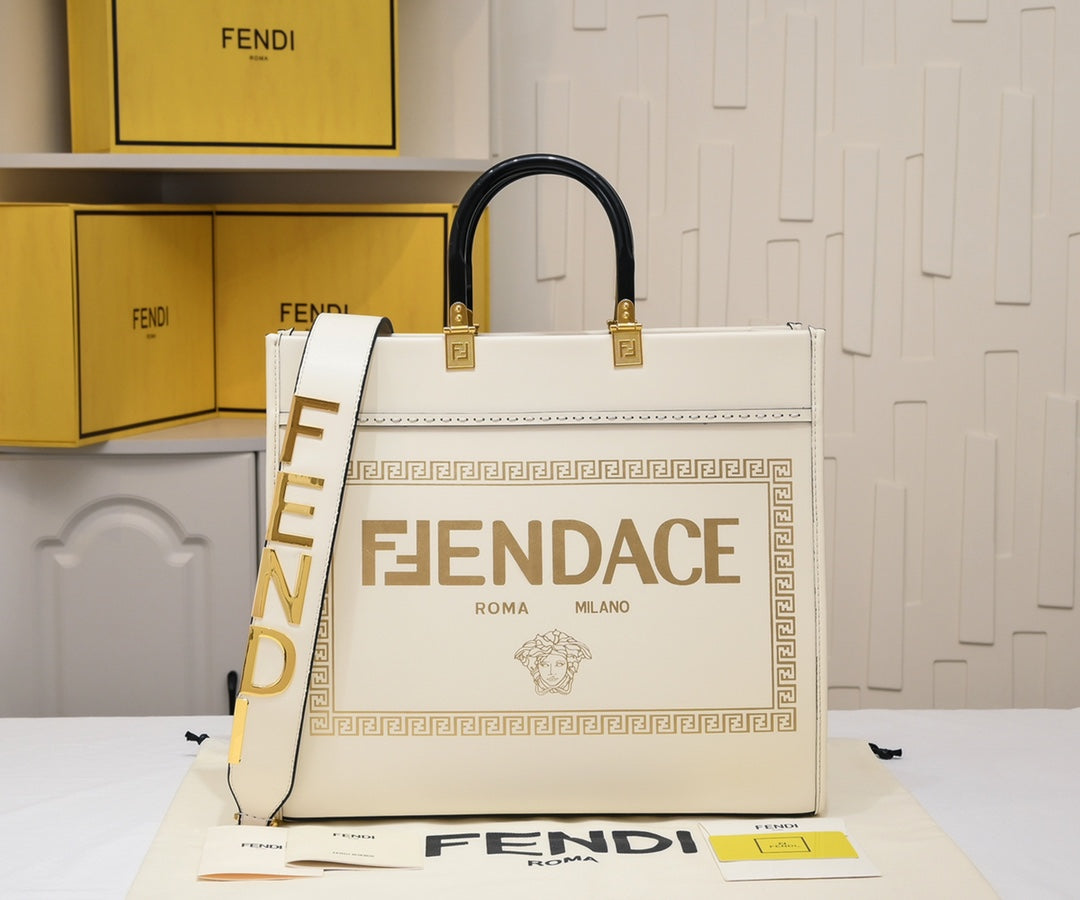Fendace Sunshine Shopper Tote Bag - White Canvas Logo Bag - Fendi x Versace Collaboration