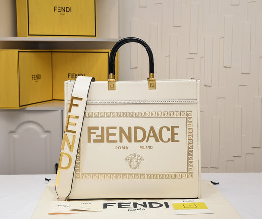 Fendace White Canvas Large Sunshine Tote Bag - Fendi x Versace Collaboration