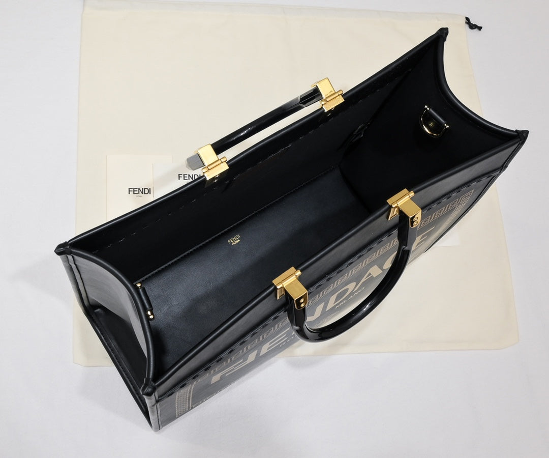 Fendace Sunshine Medium Black Leather Tote Bag - Fendi x Versace Collaboration
