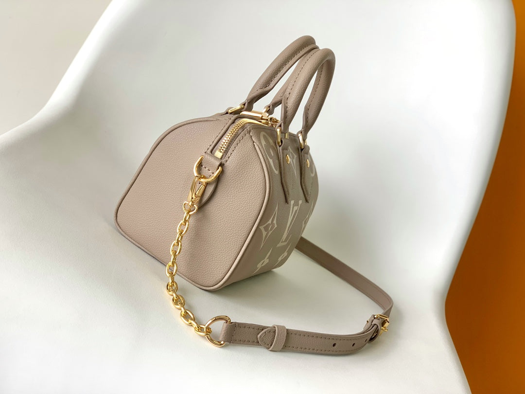 Louis Vuitton Taupe and Cream Leather Monogram Barrel Handbag with Chain Strap