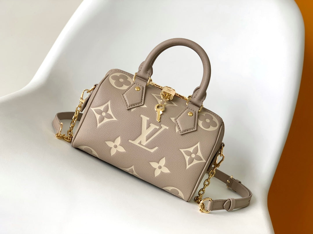 Louis Vuitton Taupe and Cream Leather Monogram Barrel Handbag with Chain Strap