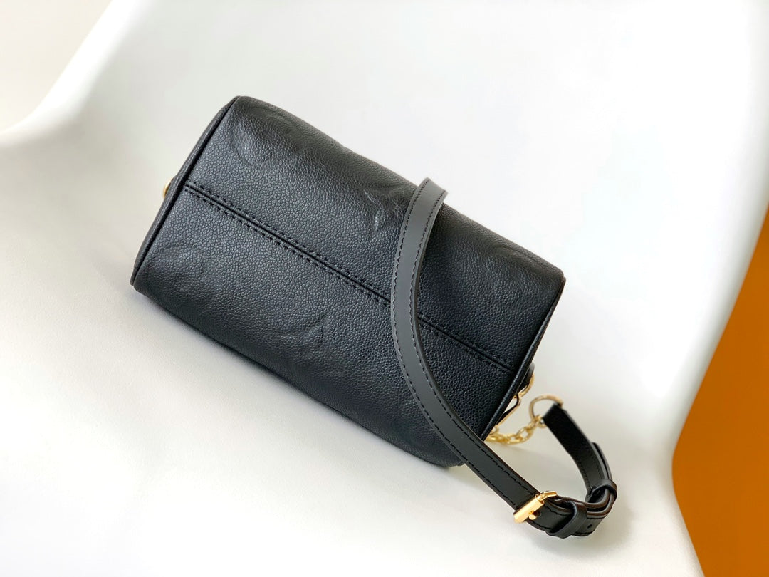 Louis Vuitton Black Embossed Leather Top Handle Handbag with Gold Hardware