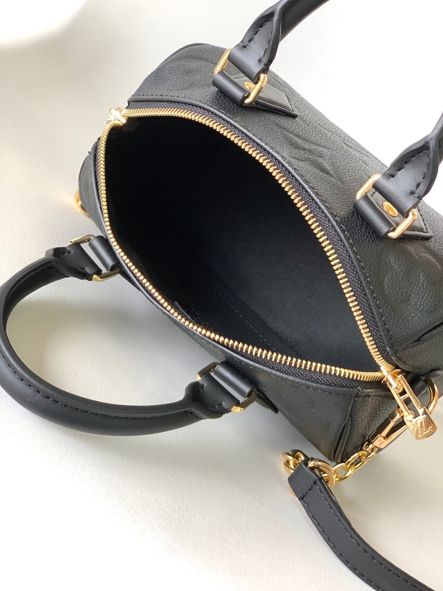 Louis Vuitton Black Embossed Leather Top Handle Handbag with Gold Hardware