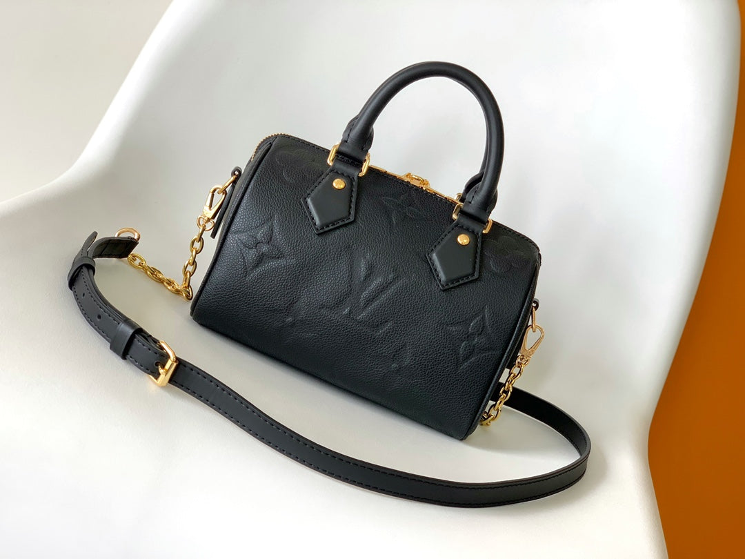 Louis Vuitton Black Embossed Leather Top Handle Handbag with Gold Hardware