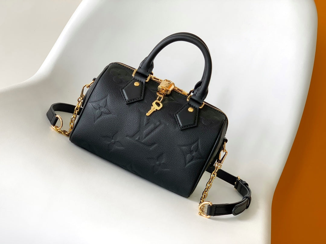 Louis Vuitton Black Embossed Leather Top Handle Handbag with Gold Hardware