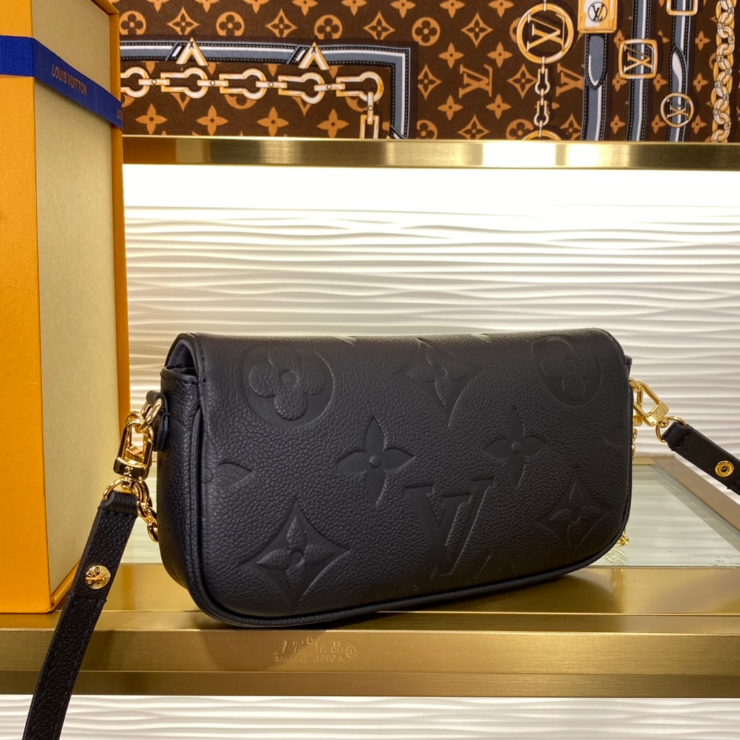 Louis Vuitton Black Embossed Leather Shoulder Bag with Gold Chain Strap