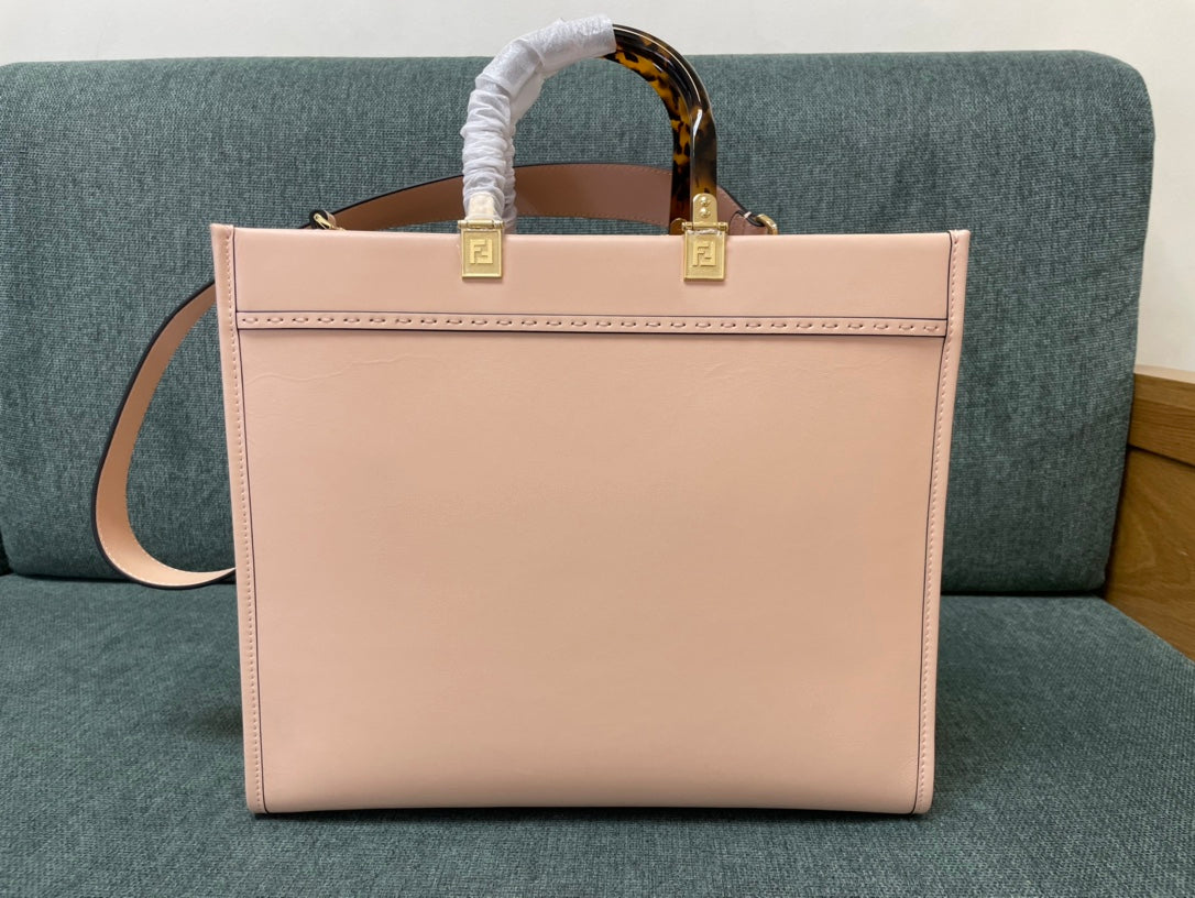 Fendi Sunshine Shopper Large Pink Leather Tote Bag with Tortoise Handles